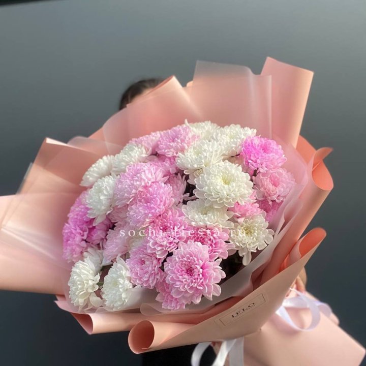  Букет бело-розовых хризантем  в Санкт-Петербурге
