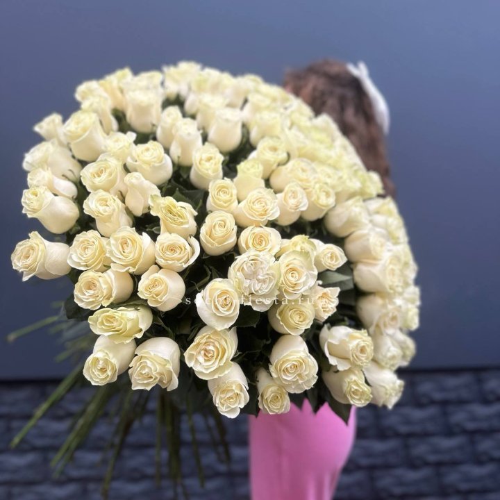 101 белая высокая импортная роза под ленту в Санкт-Петербурге